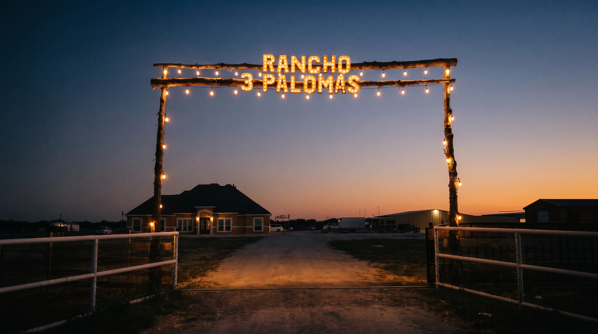Entrada del Rancho 3 Palomas al atardecer